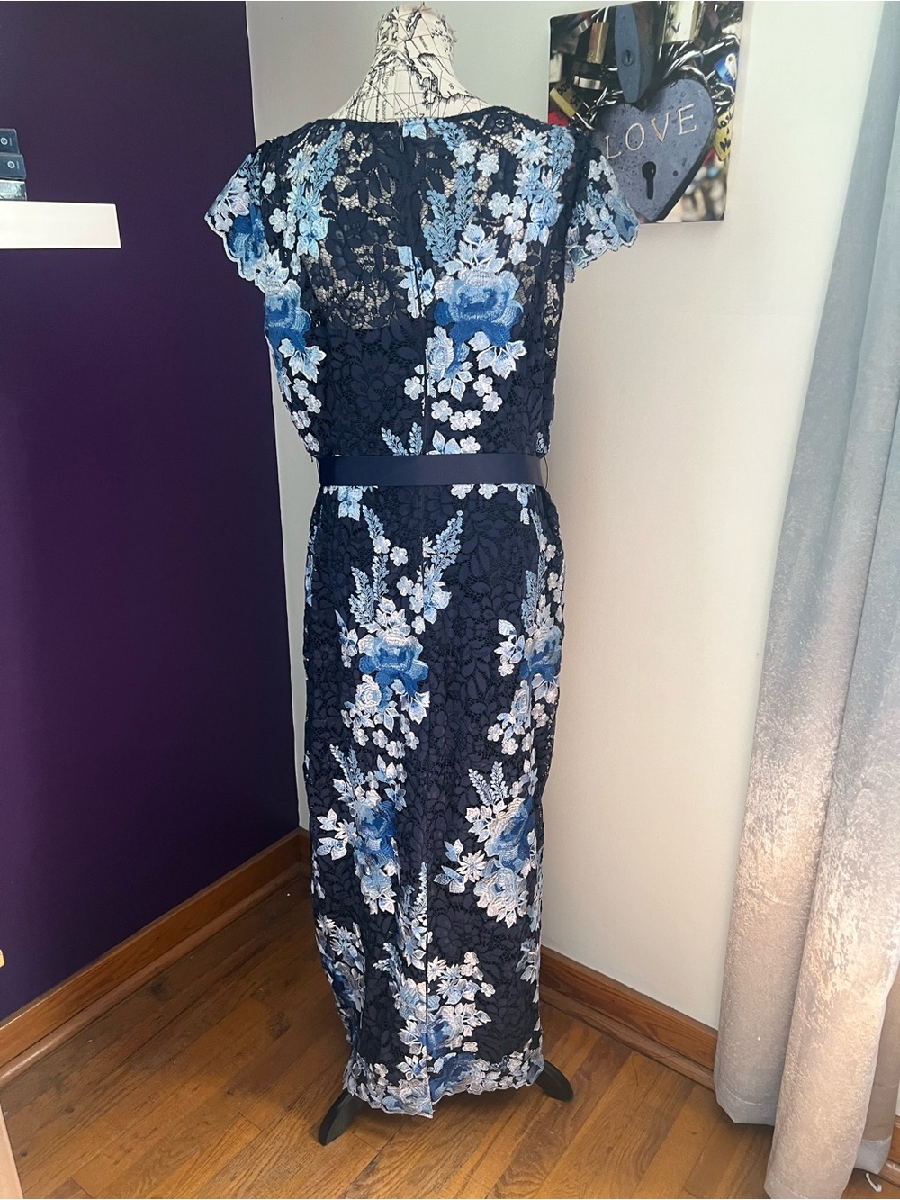 Adrianna Papell Navy Plus Size Maxi Gown with Blue Floral Embroidery - Picture 7 of 11